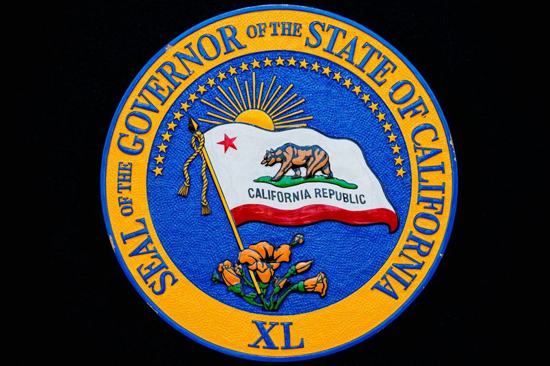 The Seal of the Governor of the State of California is displayed on a podium prepared for Governor Gavin Newsom ahead of his expected press conference in San Diego, California, U.S., February 2, 2026. REUTERS/Mike Blake