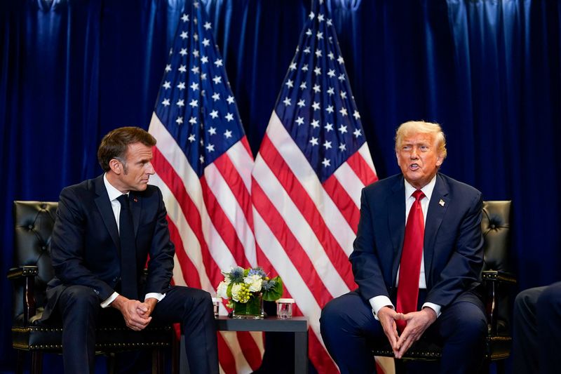 U.S. President Donald Trump meets with French President Emmanuel Macron during the 80th United Nations General Assembly, in New York City, New York, U.S., September 23, 2025. REUTERS/Al Drago