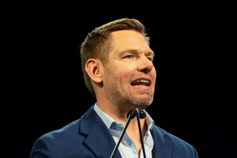 FILE PHOTO: California gubernatorial candidate Eric Swalwell speaks during the California Democratic Convention in San Francisco, California, U.S., February 21, 2026.  REUTERS/Manuel Orbegozo/File Photo