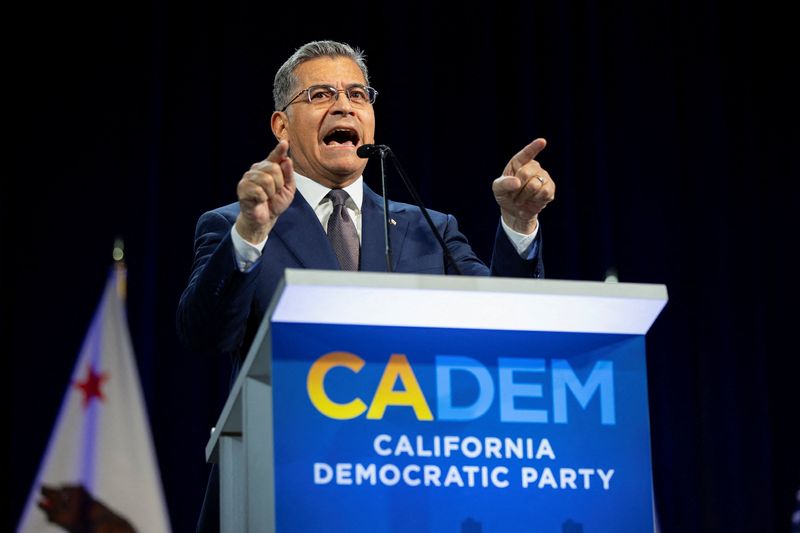 California gubernatorial candidate Xavier Becerra speaks during the California Democratic Convention in San Francisco, California, U.S., February 21, 2026.  REUTERS/Manuel Orbegozo