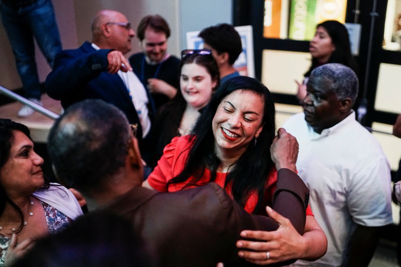 Analilia Mejia, Democratic candidate for New Jersey’s 11th Congressional District, greets guests after winning the election in Montclair, New Jersey, U.S., April 16, 2026. REUTERS/Eduardo Munoz