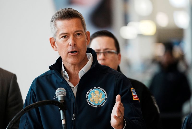 U.S. Secretary of Transportation Sean Duffy speaks at a press conference after an Air Canada Express jet collided with a ground vehicle at New York's LaGuardia Airport in Queens, New York, U.S., March 23, 2026. REUTERS/Eduardo Munoz