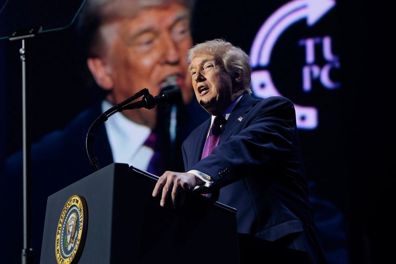 U.S. President Donald Trump speaks during a Turning Point USA event at Dream City Church in Phoenix, Arizona, U.S., April 17, 2026. REUTERS/Evan Vucci