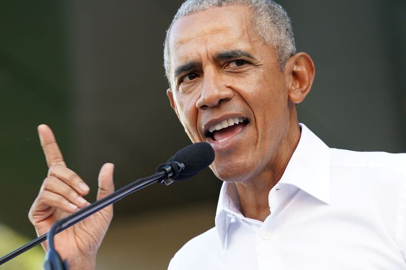 FILE PHOTO: Former U.S. President Barack Obama speaks during a campaign rally for Virginia Democratic gubernatorial candidate Terry McAuliffe in Richmond, Virginia, U.S. October 23, 2021. REUTERS/Kevin Lamarque/File Photo