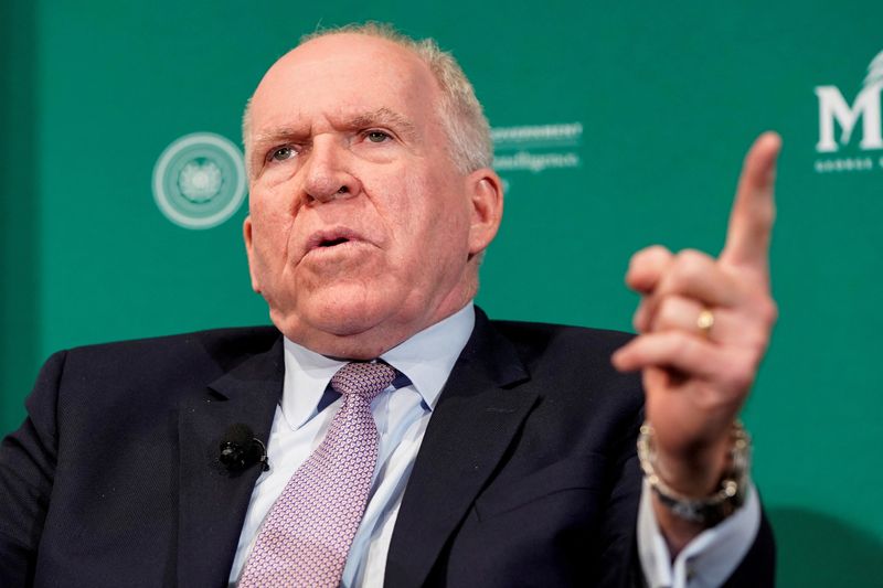 FILE PHOTO: Former CIA director John Brennan speaks during a forum on election security titled, “2020 Vision: Intelligence and the U.S. Presidential Election” at the National Press Club in Washington, U.S., October 30, 2019. REUTERS/Joshua Roberts/File Photo