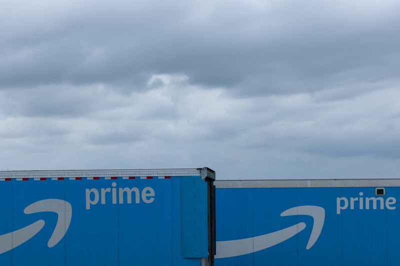 Two Amazon Prime semi trucks at a rest stop off the highway near Oceanside, California, U.S., March 31, 2026. REUTERS/Mike Blake