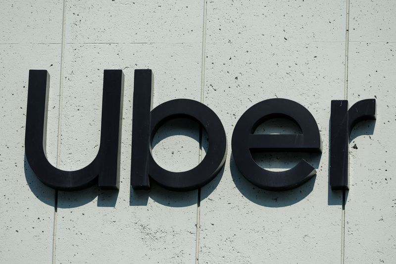 The Uber logo is shown on the building in Los Angeles, California, U.S., February 14, 2024.  REUTERS/Mike Blake