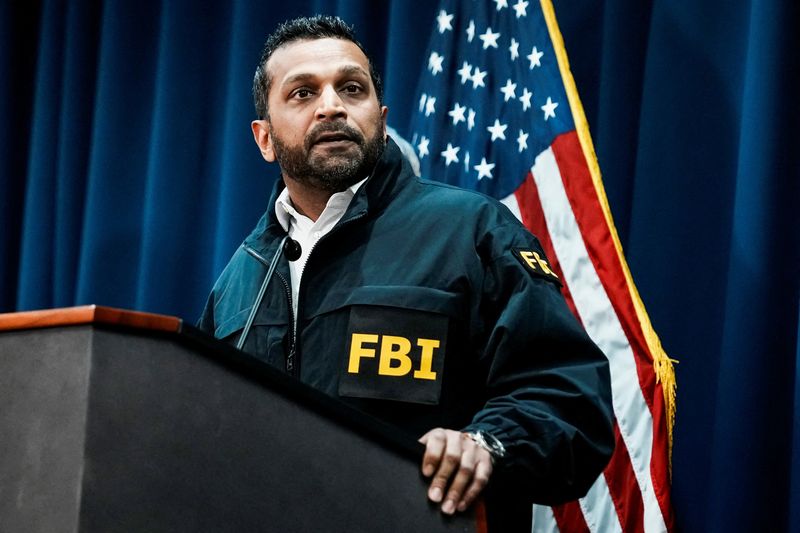 FILE PHOTO: FBI Director Kash Patel, speaks during a press conference related to arrests of NBA players and coaches for illegal gambling schemes, at the U.S. Attorney's Office in Brooklyn, New York, October 23, 2025.   REUTERS/Eduardo Munoz/File Photo