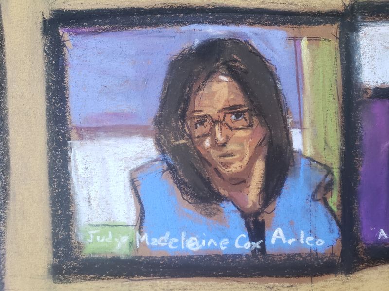 U.S. District Judge Madeline Cox Arleo listens as Purdue Chairman Steve Miller enters a guilty plea on the company's behalf during a court hearing over the handling of Purdue Pharma LP's addictive prescription painkiller OxyContin, capping a deal with federal prosecutors to resolve an investigation into the drugmaker's role in the U.S. opioid crisis, in this courtroom sketch of the remote Newark, New Jersey, U.S., court hearing on November 24, 2020. REUTERS/Jane Rosenberg