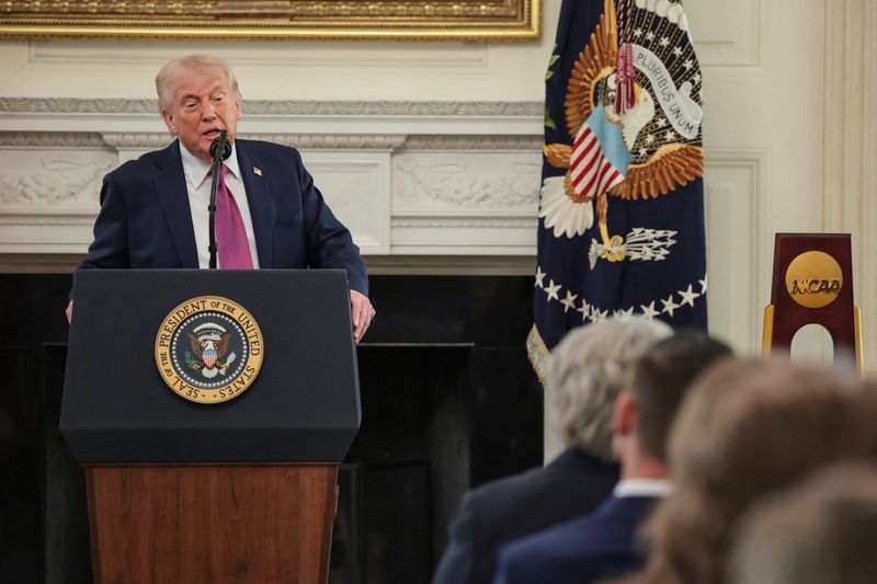 U.S. President Donald Trump delivers remarks to NCAA Collegiate National Champions in the State Dining Room at the White House in Washington, D.C., U.S., April 21, 2026. REUTERS/Kylie Cooper