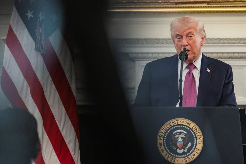 FILE PHOTO: U.S. President Donald Trump delivers remarks to NCAA Collegiate National Champions in the State Dining Room at the White House in Washington, D.C., U.S., April 21, 2026. REUTERS/Kylie Cooper/File Photo