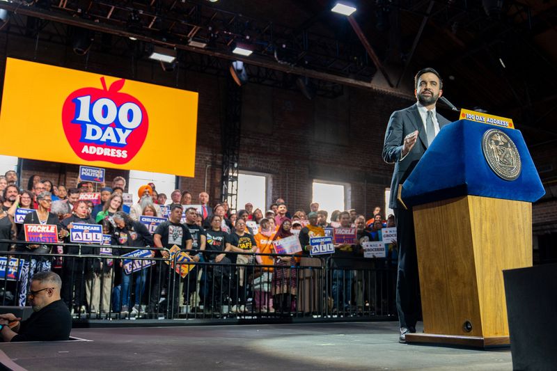Mayor Zohran Mamdani delivers his 100 Days Address, a speech dedicated to outlining the progress made on his core campaign promises since taking office, in Queens, New York City, U.S., April 12, 2026. REUTERS/David 'Dee' Delgado