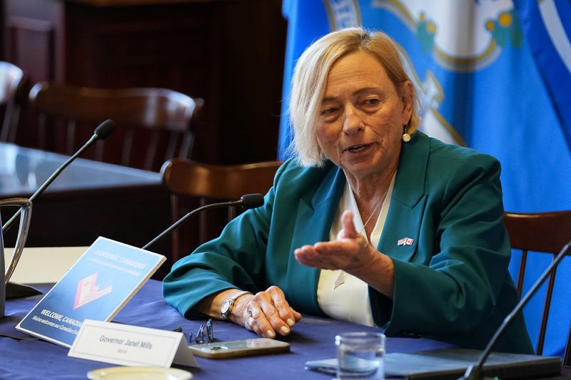 Maine Governor Janet Mills gestures while speaking during a meeting of northeastern U.S. Governors and Canadian Premiers in Boston, Massachusetts, U.S., June 16, 2025. REUTERS/Sophie Park