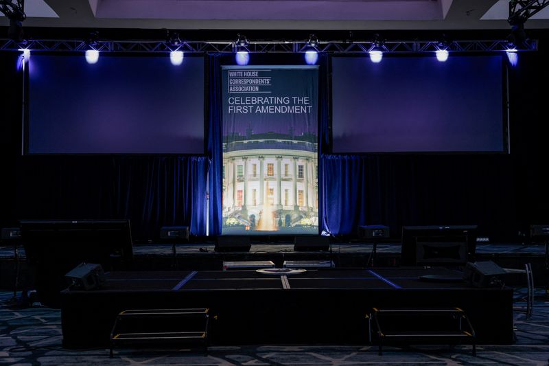 The stage of the annual White House Correspondents' Association dinner at the Washington Hilton hotel, after a shooting incident occurred yesterday night, in Washington, D.C., U.S., April 26, 2026. REUTERS/Kylie Cooper