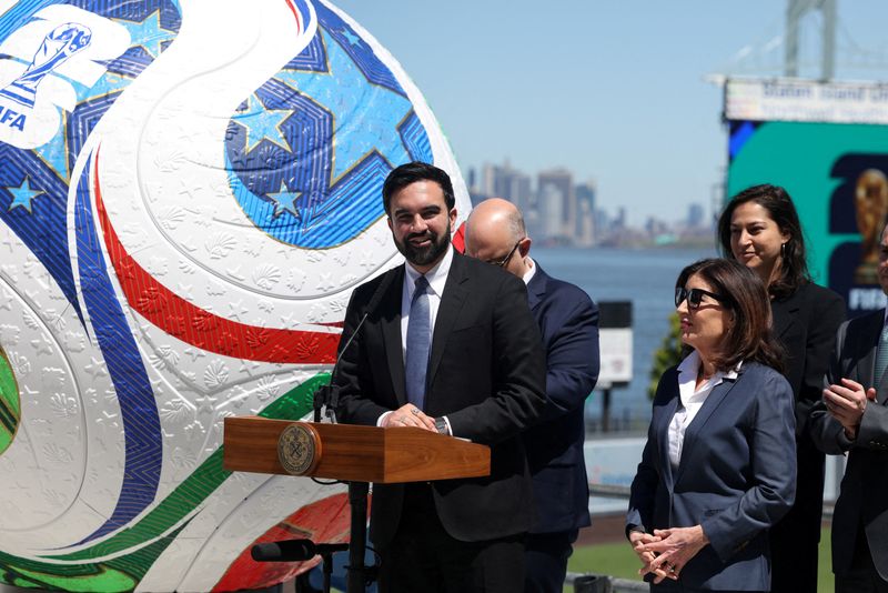 New York City Mayor Zohran Mamdani and New York Governor Kathy Hochul attend a press conference announcing an official fan zone for the FIFA World Cup 2026 in New York City, U.S., April 27, 2026. REUTERS/Shannon Stapleton