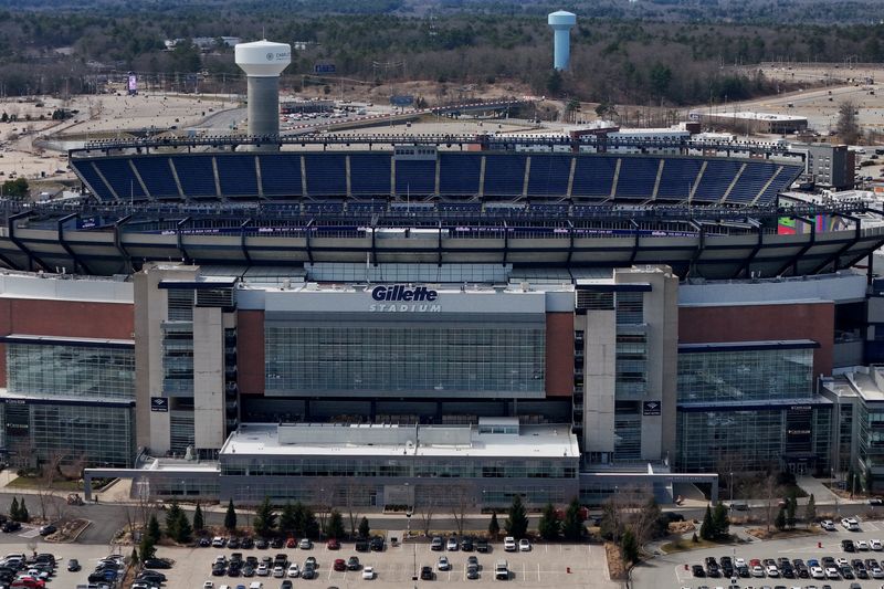 FILE PHOTO: A drone view shows Gillette Stadium, which will be called Boston Stadium when it hosts games in the 2026 FIFA World Cup, in Foxborough, Massachusetts, U.S., March 25, 2026.   REUTERS/Brian Snyder/File Photo