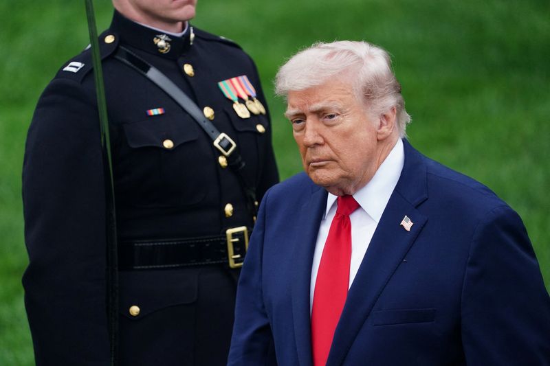 U.S. President Donald Trump attends an arrival ceremony for Britain's King Charles and Queen Camilla on the South Lawn of the White House in Washington, D.C., U.S., April 28, 2026. REUTERS/Nathan Howard