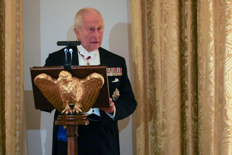Britain's King Charles speaks during a state dinner for him and Queen Camilla at the White House in Washington, D.C., U.S., April 28, 2026. REUTERS/Suzanne Plunkett