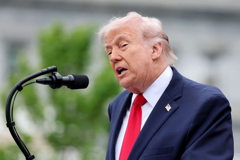 U.S. President Donald Trump gives a speech during the State Arrival Ceremony on the South Lawn on day two of the State Visit of King Charles III and Queen Camilla to the United States of America, on April 28, 2026 in Washington, DC.    Chris Jackson/Pool via REUTERS