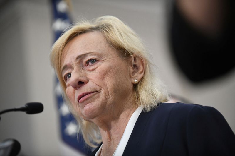 Maine Governor Janet Mills addresses the media during a press conference in Lewiston City Hall after deadly mass shootings in Lewiston, Maine, U.S. October 26, 2023.  REUTERS/Nick Pfosi