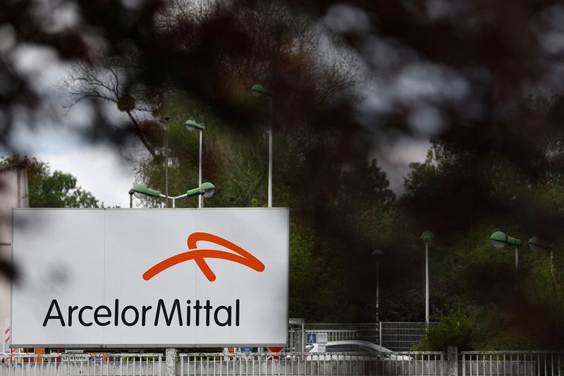 A logo of steel manufacturer ArcelorMittal is seen at the company's site in Basse-Indre near Nantes, France, April 24, 2025. REUTERS/Stephane Mahe