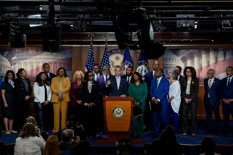 U.S. House Minority Leader Hakeem Jeffries (D-NY) speaks during a Congressional Black Caucus news conference regarding the U.S. Supreme Court decision to block an electoral map that had given Louisiana a second Black-majority U.S. congressional district, on Capitol Hill in Washington, D.C., U.S., April 29, 2026. REUTERS/Elizabeth Frantz