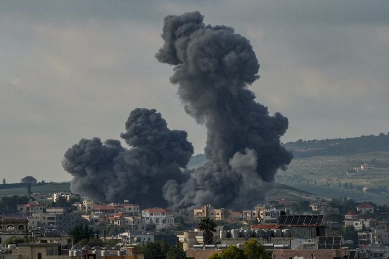 Smoke rises in Habboush following Israeli strikes, as seen from Nabatieh, Lebanon, May 1, 2026. REUTERS/Stringer