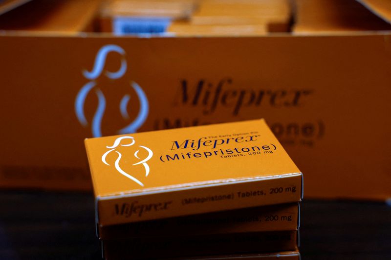 FILE PHOTO: Boxes of Mifepristone, the first pill in a medical abortion, are seen at Alamo Women's Clinic in Carbondale, Illinois, U.S., April 9, 2024. REUTERS/Evelyn Hockstein/File Photo