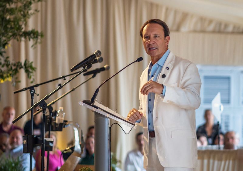 FILE PHOTO: Louisiana Governor Jeff Landry speaks during a christening ceremony in New Orleans, Louisiana, U.S., June 28, 2025. REUTERS/Kathleen Flynn/File Photo