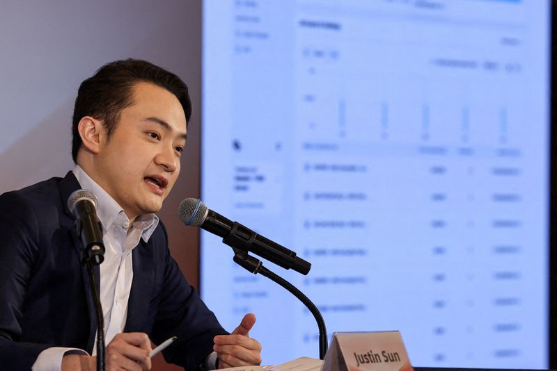 FILE PHOTO: Justin Sun, founder of Tron, speaks during an press conference in Hong Kong, China April 3, 2025. REUTERS/Tyrone Siu/File Photo