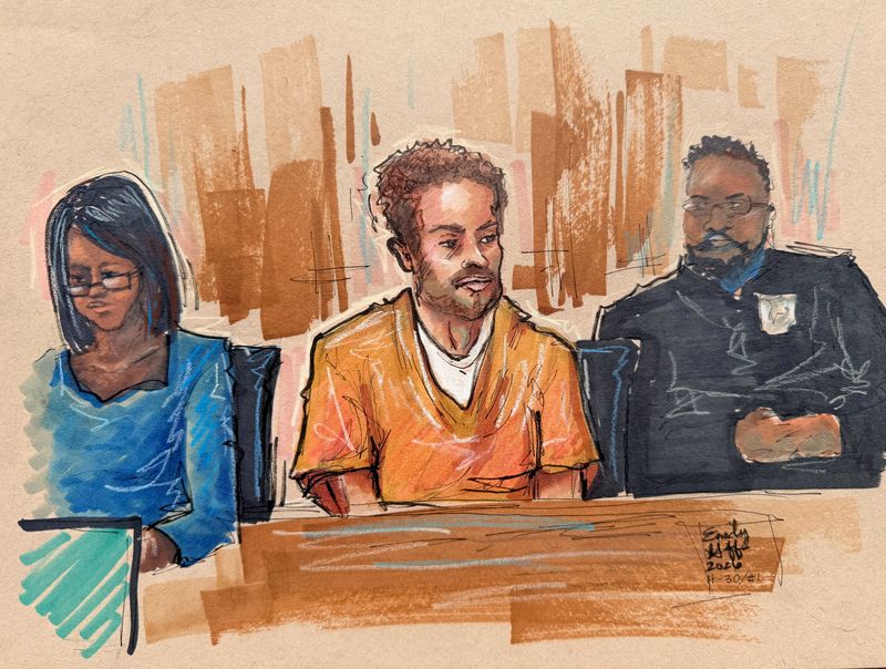 FILE PHOTO: Cole Tomas Allen, a suspect in the White House Correspondents' Association (WHCA) dinner shooting, sits in the courtroom during a hearing after being charged with attempting to assassinate U.S. President Donald Trump, in Washington D.C., U.S., April 30, 2026, in this courtroom sketch.    REUTERS/Emily Goff/File Photo