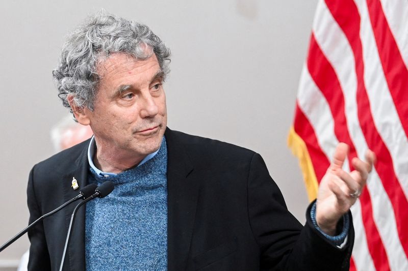 FILE PHOTO: U.S. Sen. Sherrod Brown (D-OH) speaks during a press conference in Ohio, U.S., February 16, 2023. REUTERS/Alan Freed/File Photo