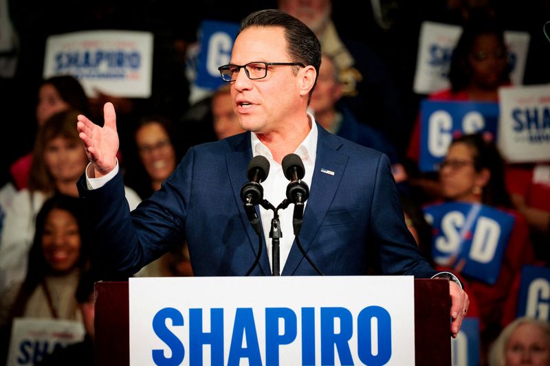 FILE PHOTO: Governor of Pennsylvania Josh Shapiro speaks during the Shapiro-Davis re-election campaign kickoff rally at The Alan Horwitz "Sixth Man" Center in Philadelphia, Pennsylvania, U.S. January 8, 2026.  REUTERS/Hannah Beier/File Photo