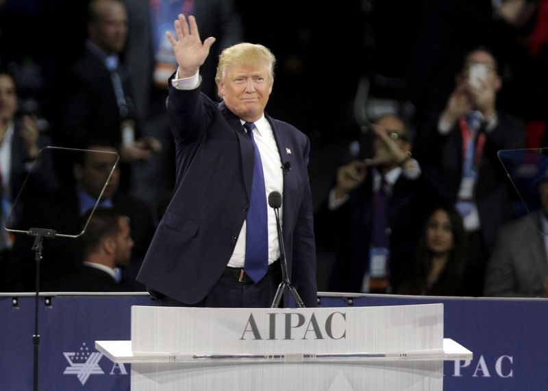 FILE PHOTO: Republican U.S. presidential candidate Donald Trump waves after addressing the American Israel Public Affairs Committee (AIPAC) afternoon general session in Washington March 21, 2016.REUTERS/Joshua Roberts/File Photo