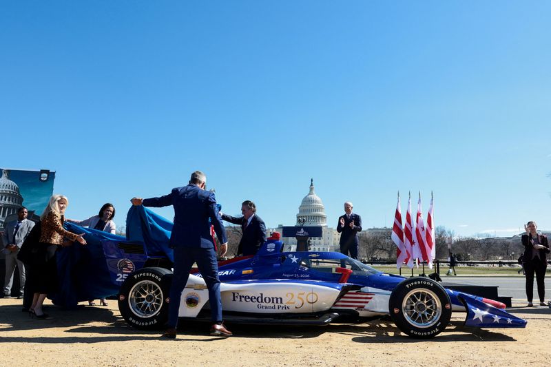 U.S. Secretary of Transportation Sean Duffy, Interior Secretary Doug Burgum, District of Columbia Mayor Muriel Bowser and IndyCar Series officials unveil the Freedom 250 Grand Prix race course outside the U.S. Capitol in Washington, D.C., U.S., March 9, 2026. REUTERS/Evelyn Hockstein