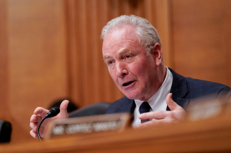 FILE PHOTO: U.S. Senator Chris Van Hollen (D-MD) speaks, as Kevin Warsh, (not pictured) U.S. President Donald Trump's nominee to be next chair of the Federal Reserve, attends a Senate Banking Committee confirmation hearing to testify, on Capitol Hill in Washington, D.C., U.S., April 21, 2026. REUTERS/Elizabeth Frantz/File Photo