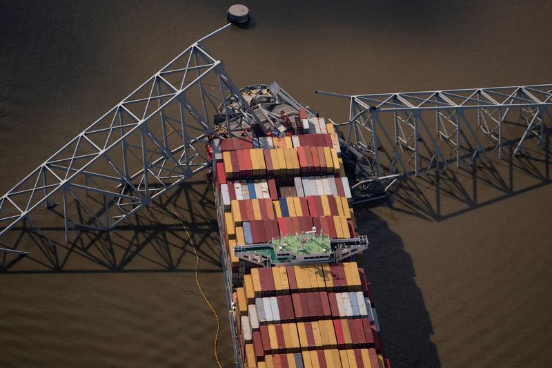 View of the Dali cargo vessel which crashed into the Francis Scott Key Bridge causing it to collapse in Baltimore, Maryland, U.S., April 4, 2024. REUTERS/Nathan Howard/File Photo