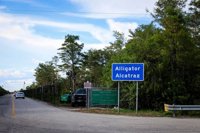 The entrance of "Alligator Alcatraz" ICE detention center in the Dade-Collier Training and Transition Airport in Ochopee, Florida, U.S. August 3, 2025. REUTERS/Eva Marie Uzcategui