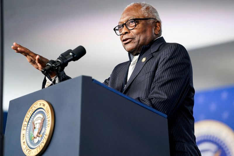 FILE PHOTO: U.S. Representative Jim Clyburn (D-SC) speaks on stage at the International African American Museum in Charleston, South Carolina, U.S., January 19, 2025. REUTERS/Nathan Howard/File Photo