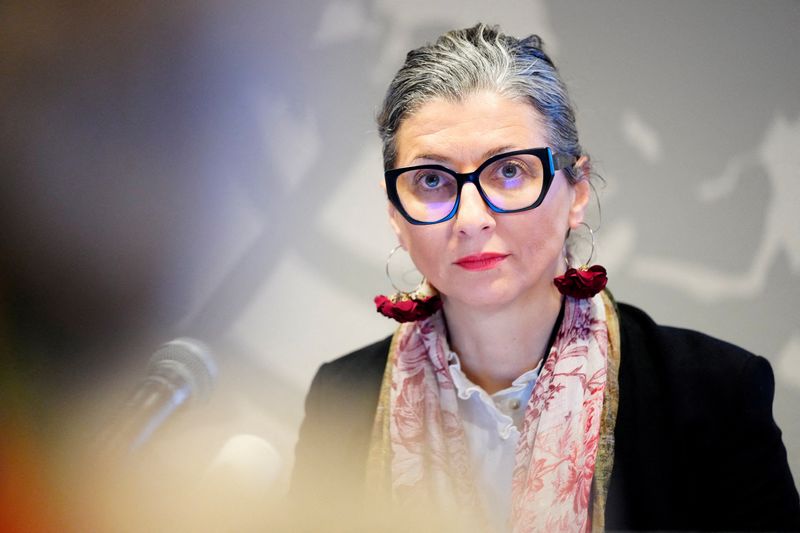 FILE PHOTO: UN Special Rapporteur for the occupied Palestinian territories, Francesca Albanese gives a press conference at the UN City in Copenhagen, Denmark February 5, 2025.   Ritzau Scanpix/Ida Marie Odgaard/File Photo