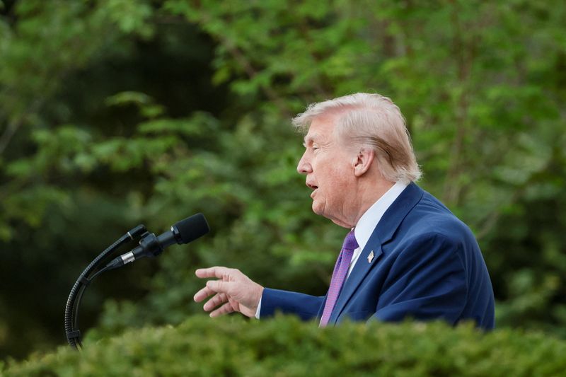 U.S. President Donald Trump delivers remarks as he hosts his second 'Rose Garden Club' dinner in honour of Police Week at the White House in Washington, D.C., U.S., May 11, 2026. REUTERS/Evelyn Hockstein