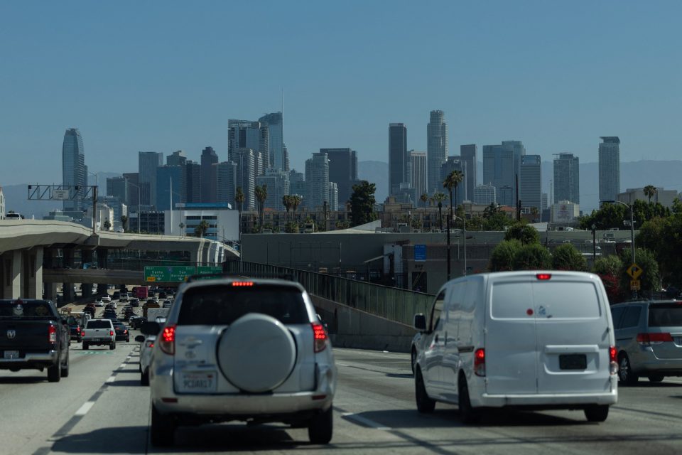 Vehicles drive on the 110 freeway towards downtown Los Angeles, in Los Angeles, California, U.S., April 23, 2026. REUTERS/Mike Blake
