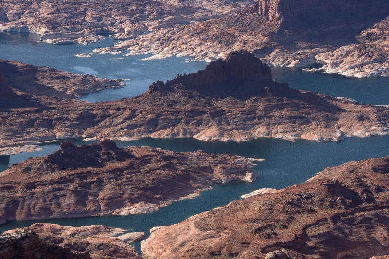 An aerial view shows critically low water levels in Lake Powell, a reservoir of the Colorado River, near Page, Arizona, U.S. May 15, 2025.  REUTERS/Rebecca Noble