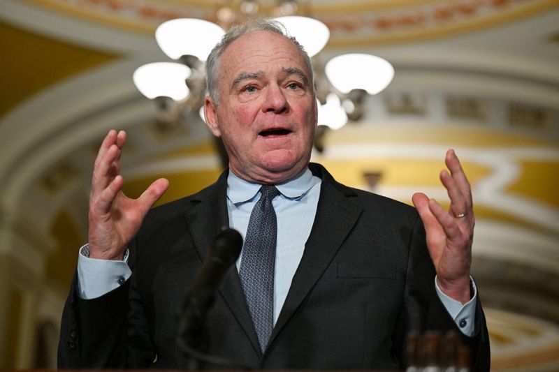 FILE PHOTO: U.S. Senator Tim Kaine (D-VA) speaks during a U.S. Senate Democratic leaders' press conference following their weekly policy lunch, on Capitol Hill in Washington, D.C., U.S., February 10, 2026. REUTERS/Annabelle Gordon/File Photo