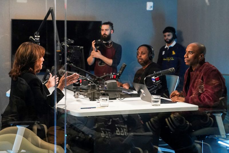 FILE PHOTO: Democratic presidential nominee U.S. Vice President Kamala Harris participates in a "town hall" with radio host Charlamagne Tha God, in Detroit, Michigan, U.S., October 15, 2024.REUTERS/Kevin Lamarque/File Photo