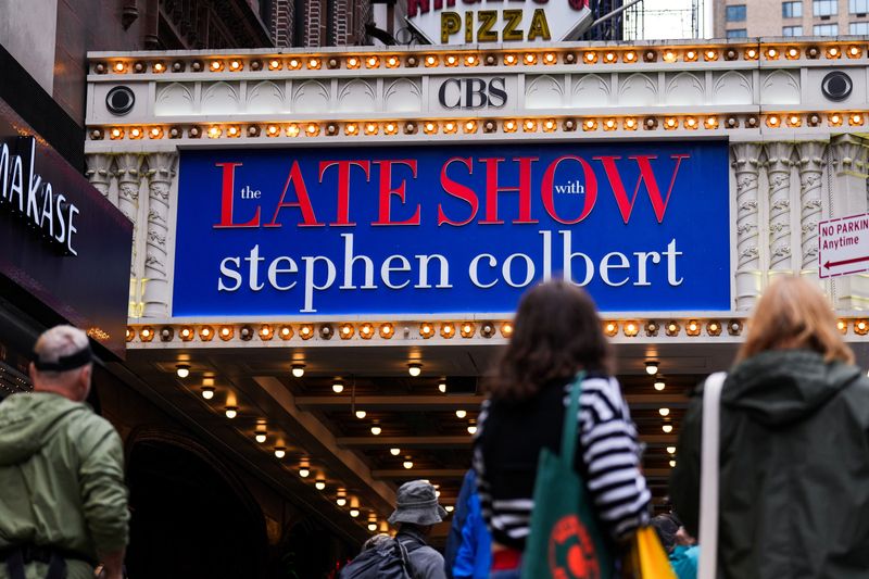 A sign outside of the Ed Sullivan Theater before the taping of the final episode of the "The Late Show" with Stephen Colbert, in New York City, U.S., May 21, 2026. REUTERS/Adam Gray