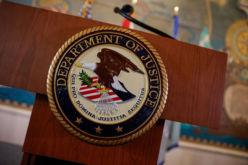 The seal of the U.S. Department of Justice at Freedom Tower in Miami, Florida, U.S., May 20, 2026. REUTERS/Marco Bello