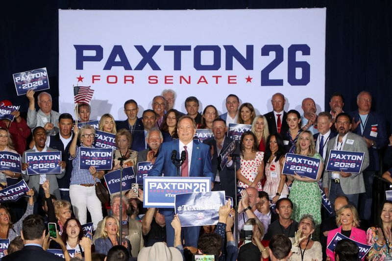 Texas Attorney General Ken Paxton speaks to supporters after winning the Republican runoff election for U.S. Senate in Texas, defeating incumbent U.S. Senator John Cornyn, in Plano, Texas, U.S., May 26, 2026. REUTERS/Evan Garcia