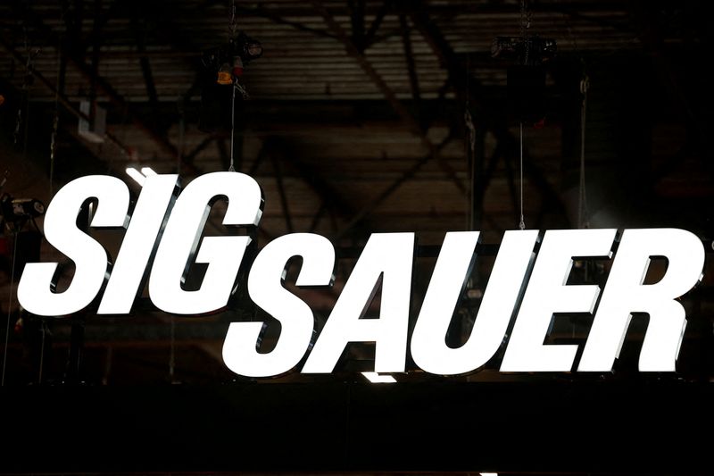 FILE PHOTO: The logo of Sig Sauer is displayed at the Eurosatory international land and air defence and security trade fair in Villepinte, France, June 17, 2024. REUTERS/Benoit Tessier/File Photo