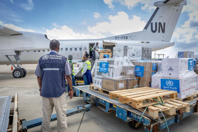 World Health Organization's (WHO) workers mobilise 4.7 tonnes of essential medical supplies and emergency kits to support the affected regions in response to the Ebola outbreak in the Democratic Republic of Congo from the Jomo Kenyatta International Airport (JKIA) in Nairobi, Kenya May 18, 2026.  World Health Organization/Handout via REUTERS